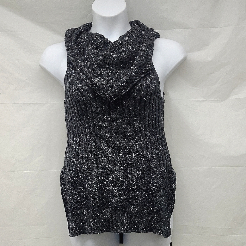 Knit Gray Ribbed Sleeveless 2 Pc Tank Top Sweater Detatchable Cowl Neck Scarf